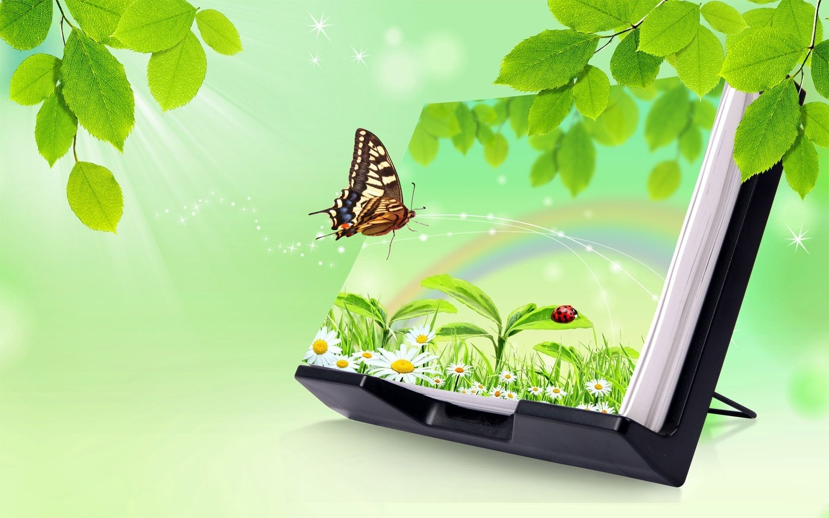 fusione con la natura nuove tecnologie farfalla estate margherite coccinella foglie verde positivo creativo