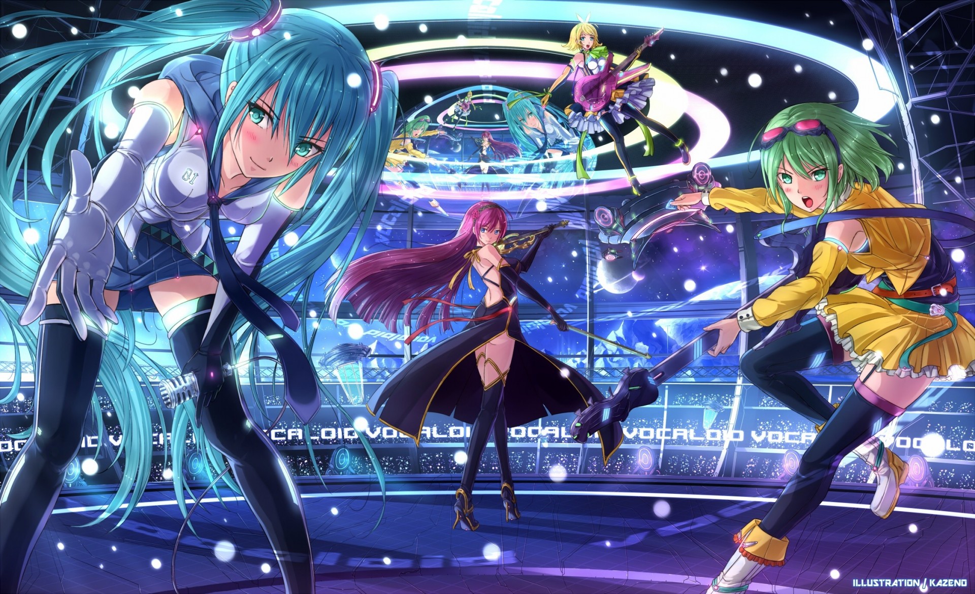 capelli rosa capelli corti capelli biondi arrossire capelli lunghi guanti occhi verdi kagamine rin twintails hatsune miku chitarra strumento capelli verdi megurine luka thighhigh