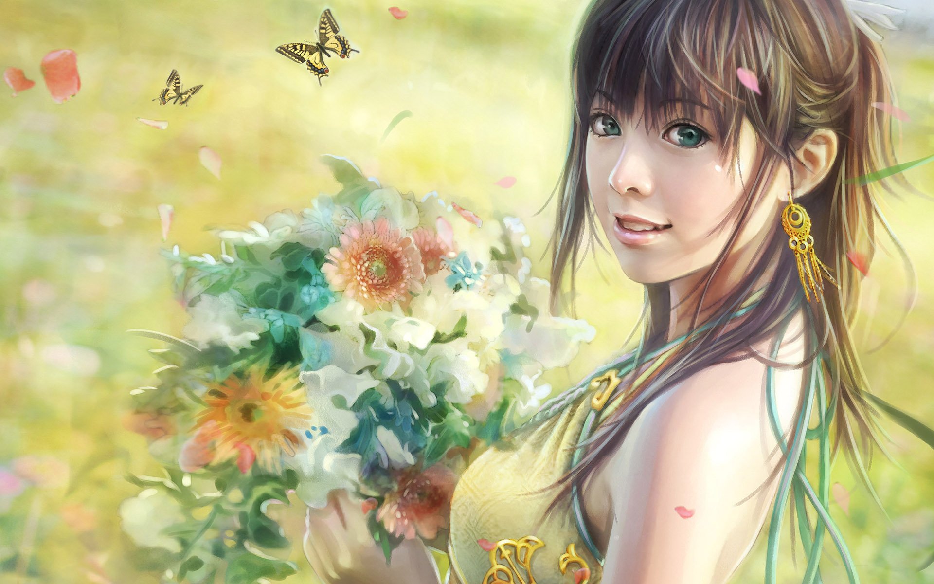 fiori principessa primavera natura farfalle ragazza orecchini grandi occhi anime estate bouquet occhi verdi disegni ragazze-a viso-a occhi-a ritratto-a sorriso-a