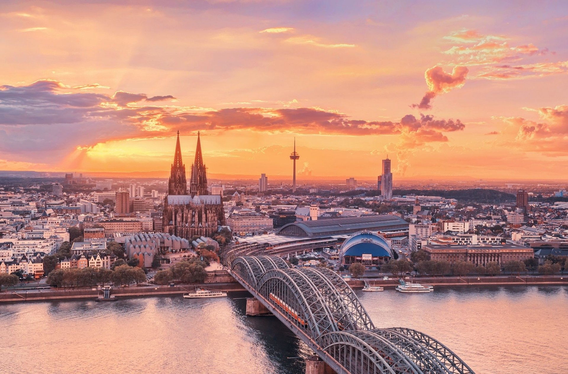 tramonto fiume ponte città cielo germania reno