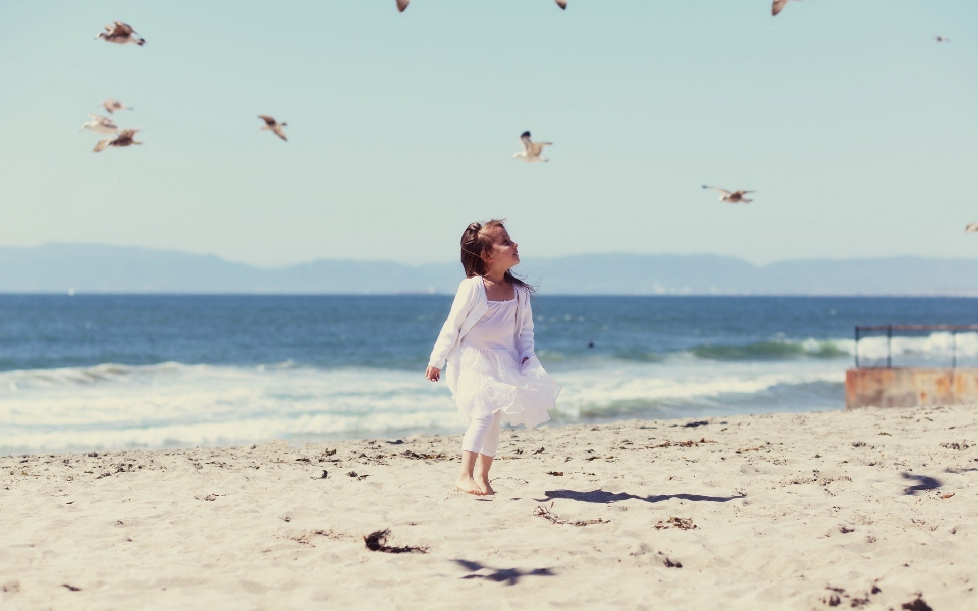 widescreen a schermo intero spiaggia impronte umore bambini uccelli sfondo mare carta da parati acqua onda ragazza vento sabbia uccelli