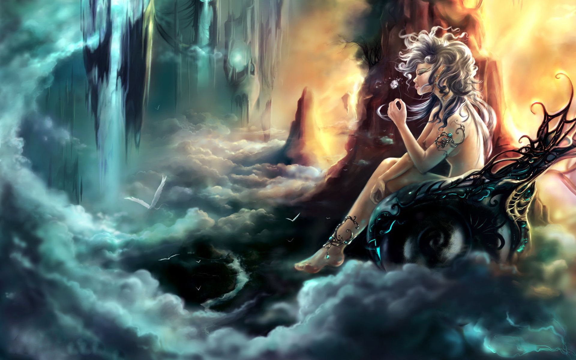 nuvole fiore dea cielo ragazza uccelli