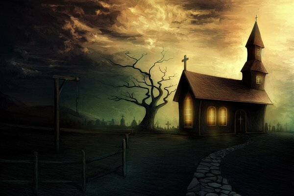 Disegno di una chiesa cupa di notte