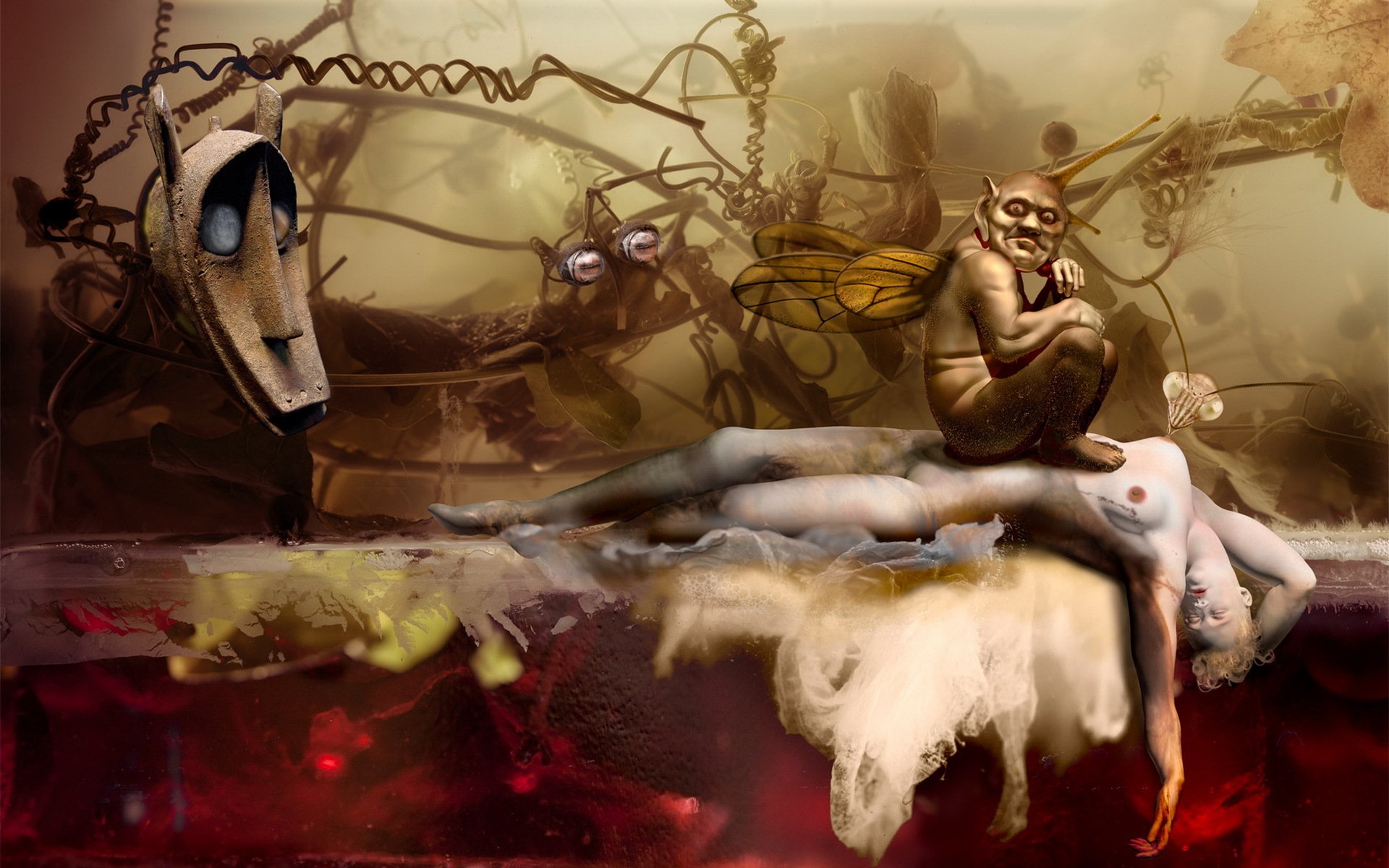 manipolazione maschera mostro ali fogliame