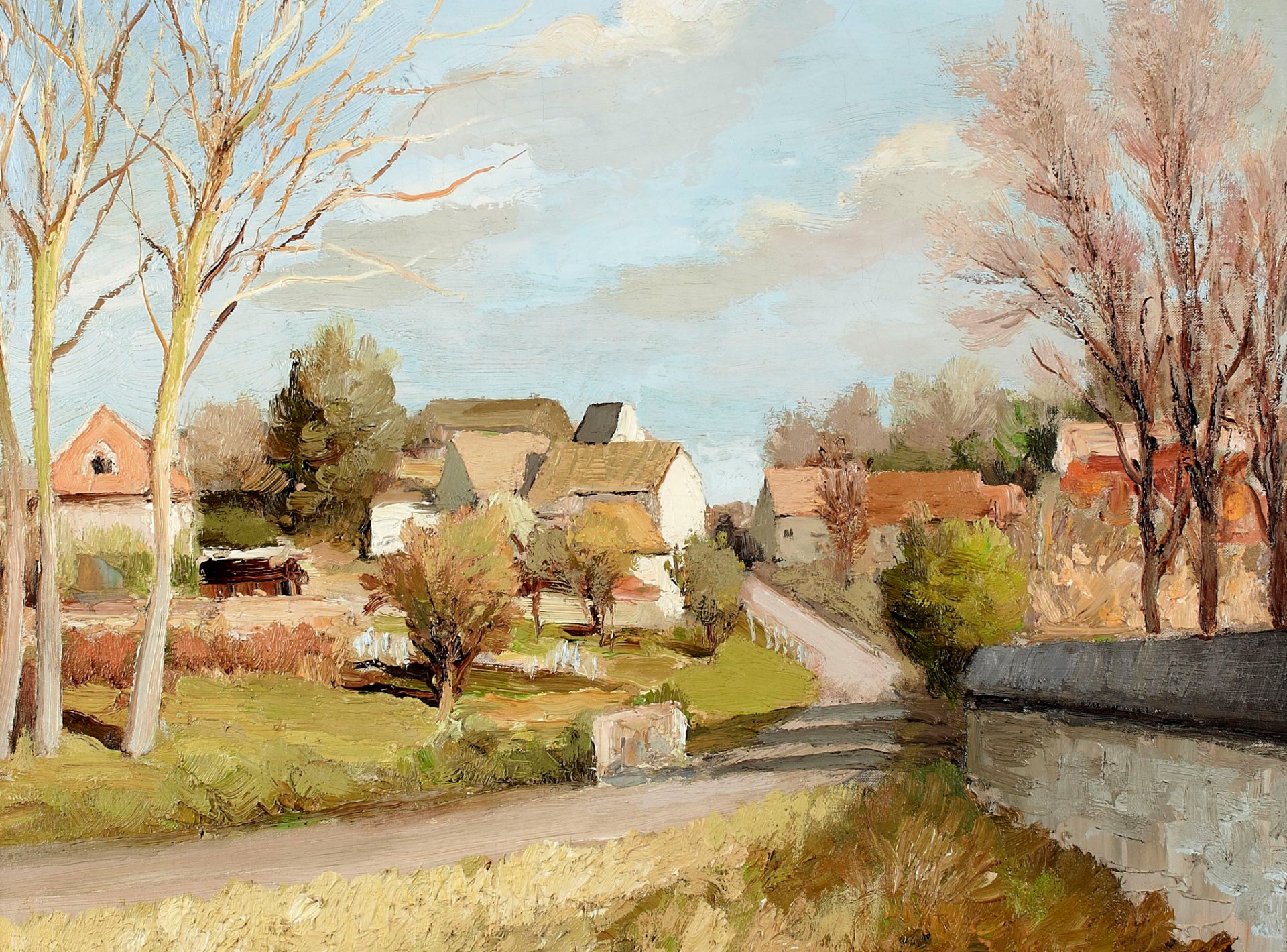 marcel dief tre pioppi a nofle-le-château pittura paesaggio strada alberi case