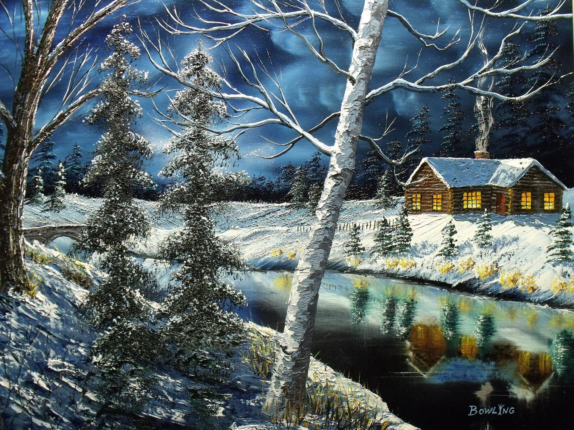 pittura casa finestre inverno alberi fiume riflessione cielo tela