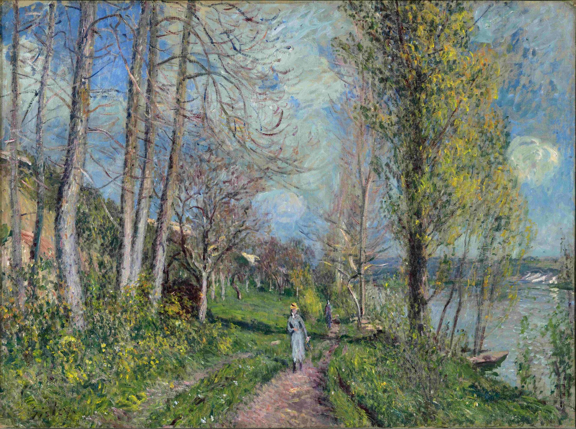 alfred sisley sentiero ragazza passeggiata fiume fieno alberi cielo nuvole immagine