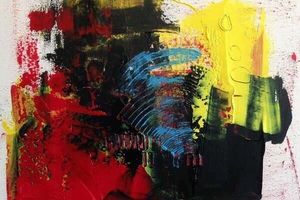 Pittura astratta con macchie rosse, gialle e nere su sfondo giallo