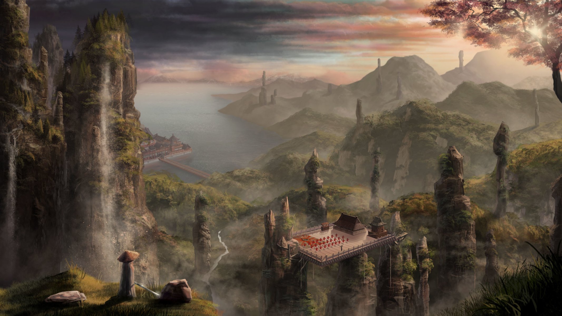 arte andrei paglianov paesaggio rocce montagne edifici asia cina porto mare cascate altezza