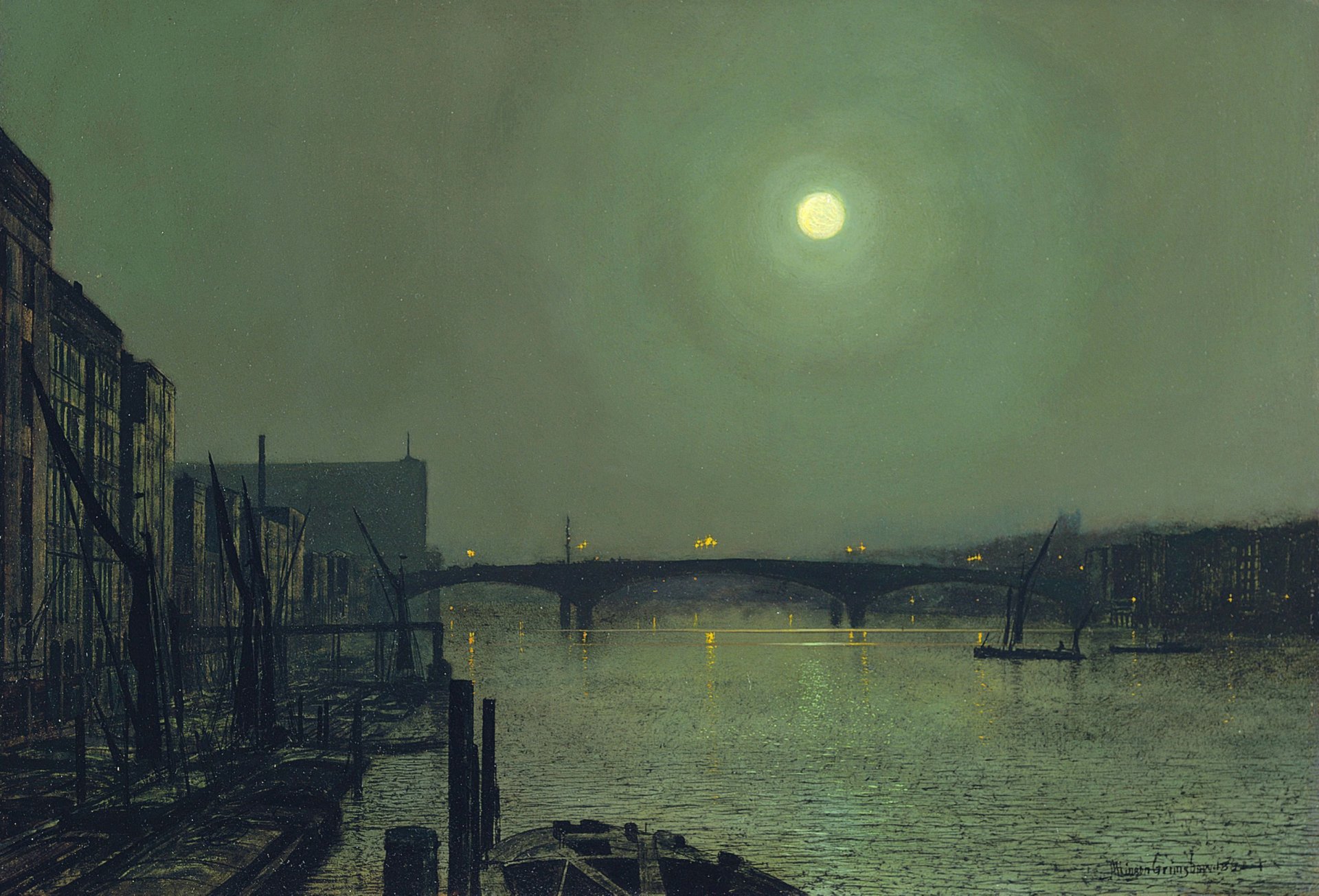 john atkinson paesaggio fiume immagine città case cielo luna ponte