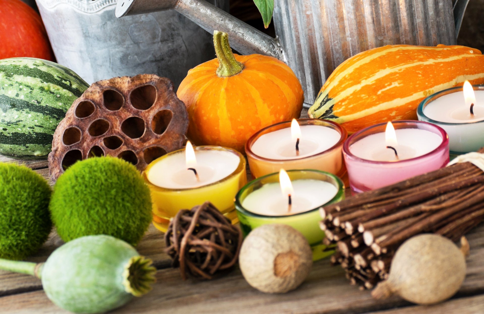 autunno decorazione decorazione candele portacandele anguria zucca papaveri ramoscelli