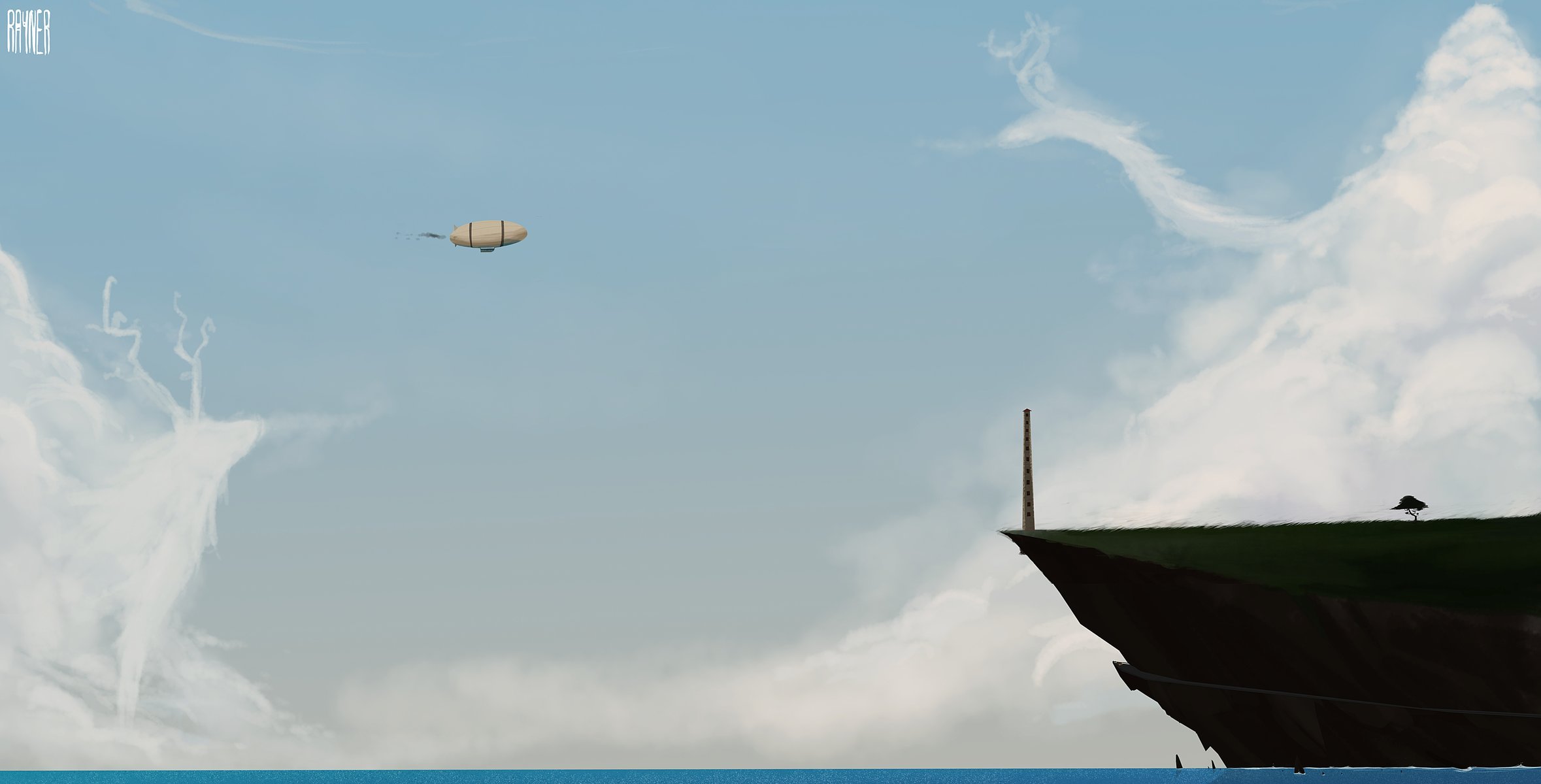 arte dirigibile cielo nuvole mare acqua isola albero monumento