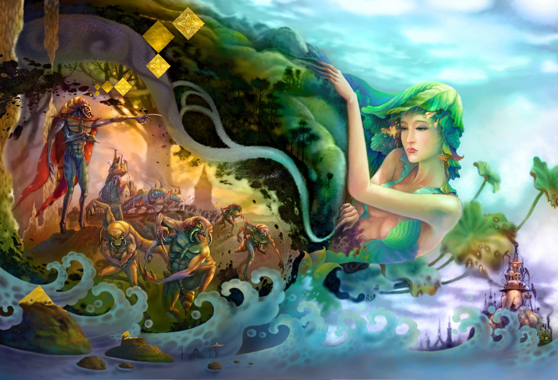 arte ragazza mostri piante onde mare surrealismo