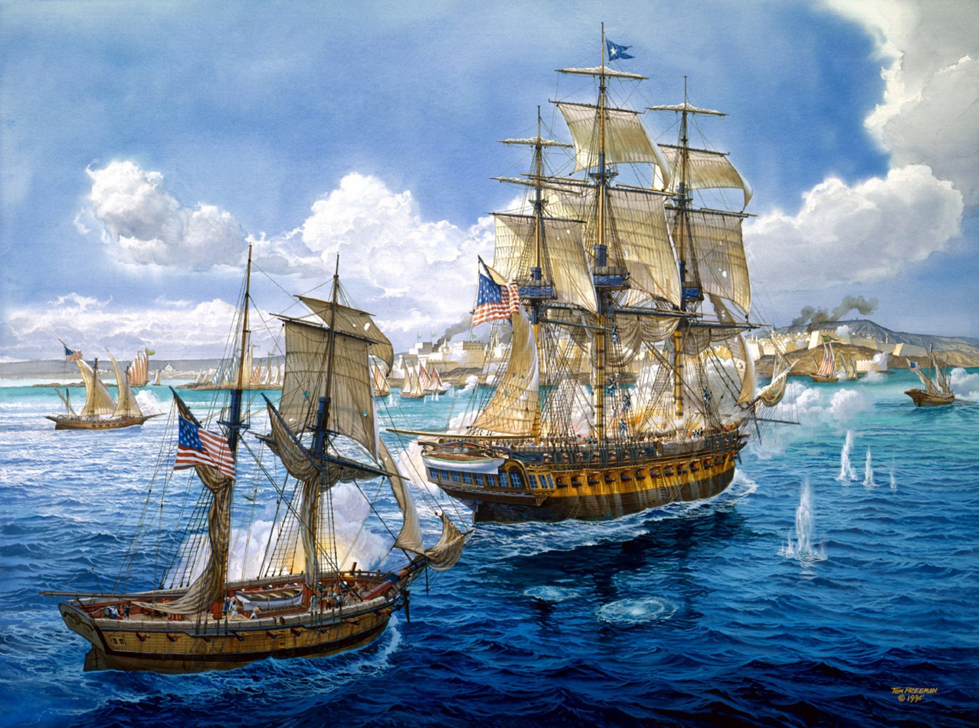 arte marina pittura navi navale battaglia raffiche pistole da costa posizione nemico pagamento di ferro artista tom freeman