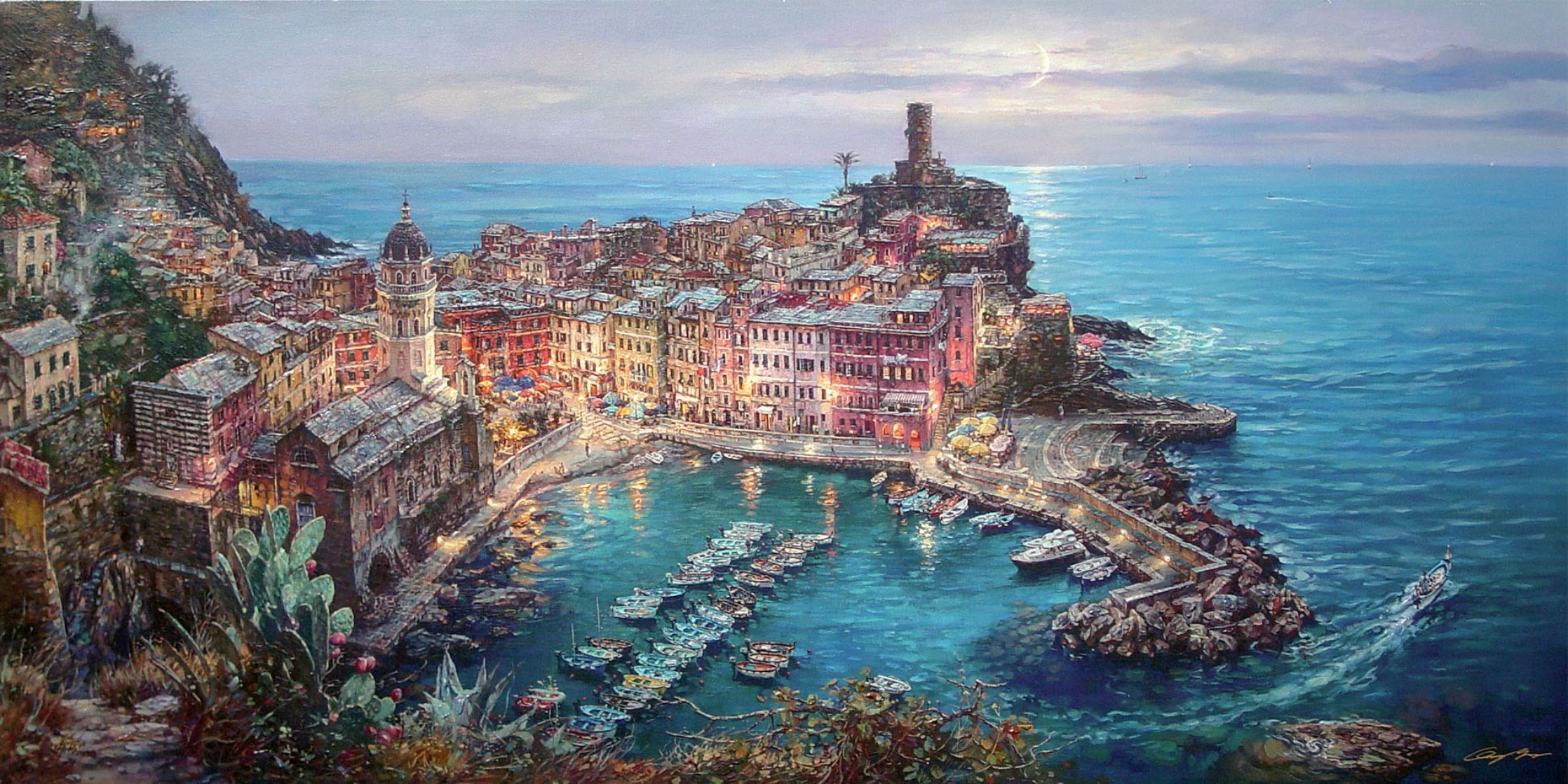cao yun chiaro di luna in vernazza pittura mediterraneo vernazza italia molo barche città case cattedrale chiaro di luna
