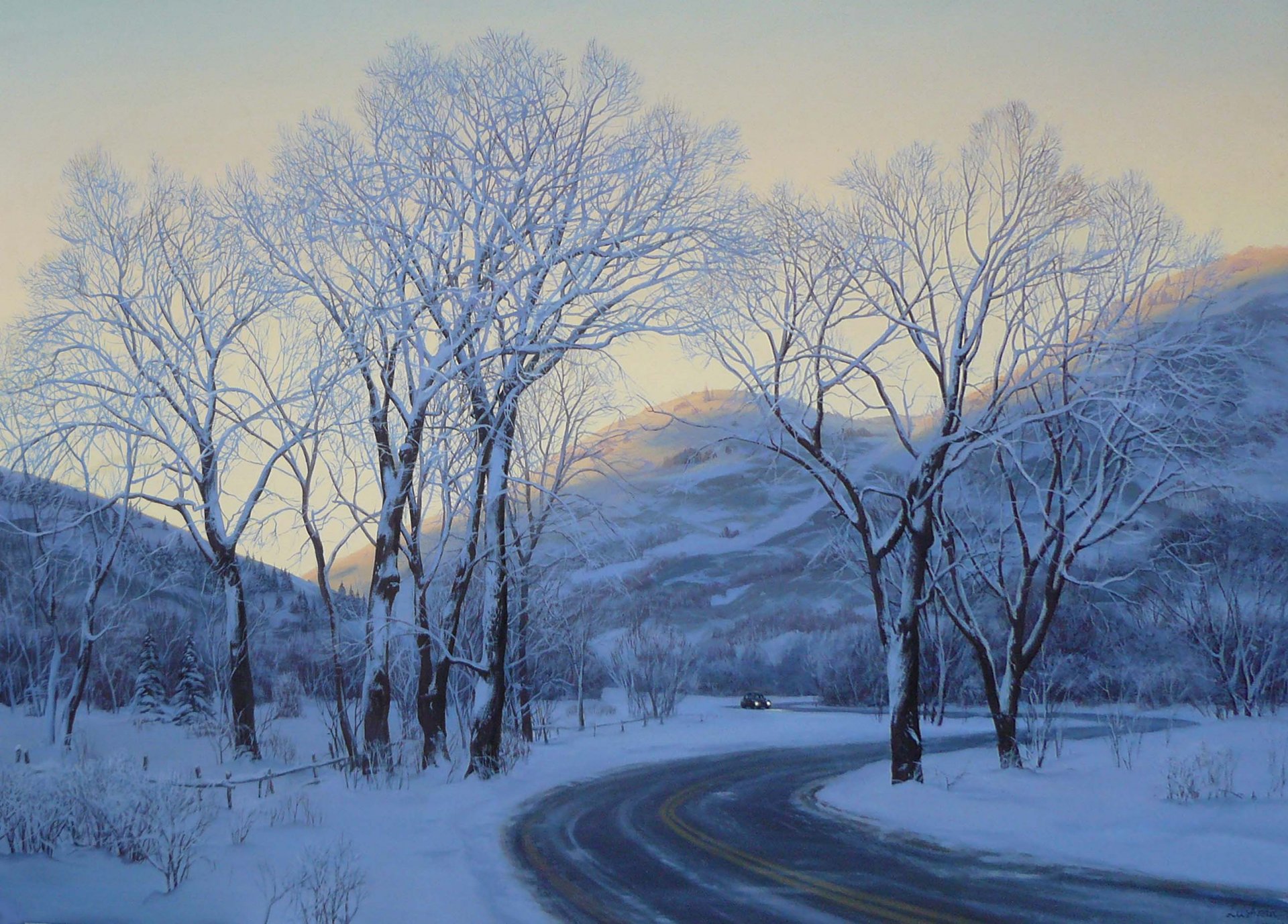 parco urbano eugene lushpin pittura arte lushpin inverno neve strada auto sera alberi eugene lushpin paesaggio lushpin inverno auto montagna