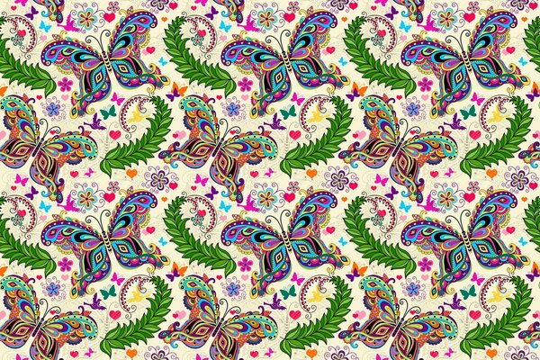 Motivo a farfalla con foglie e fiori