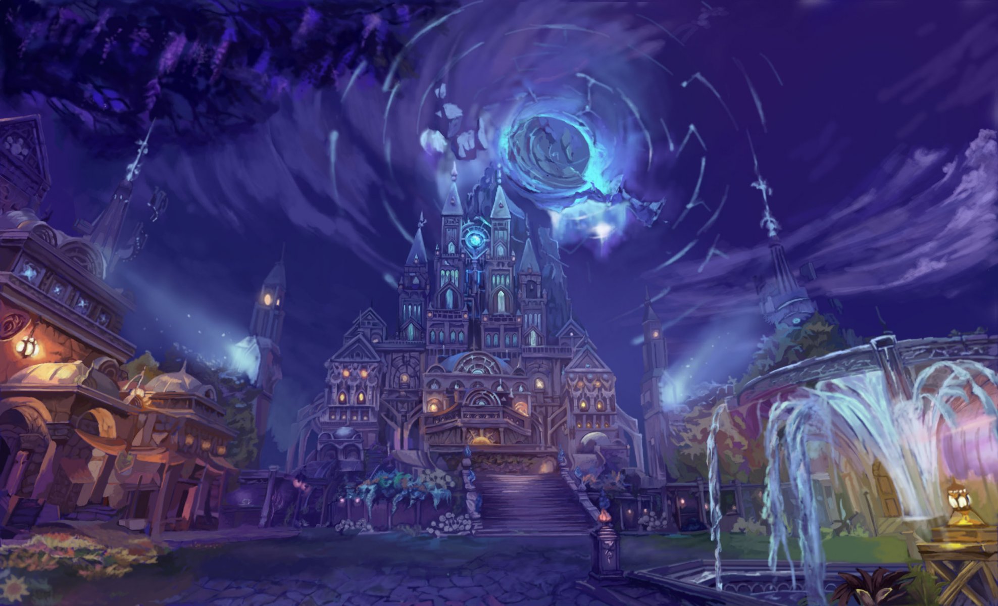 fantascienza arte arte fontana acqua città casa lanterne luce notte cielo