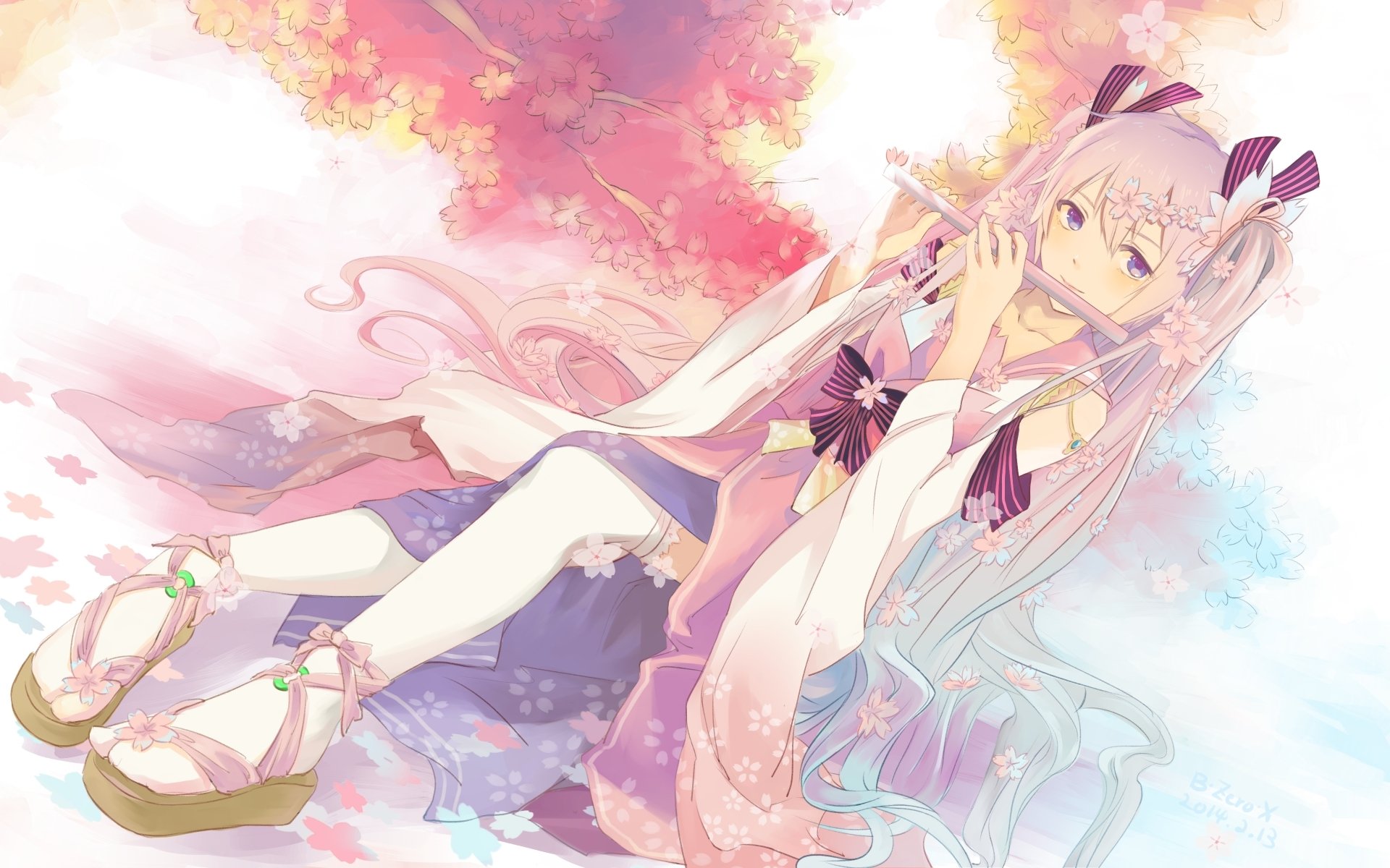 arte zerox vocaloid hatsune miku ragazza albero sakura petali kimono