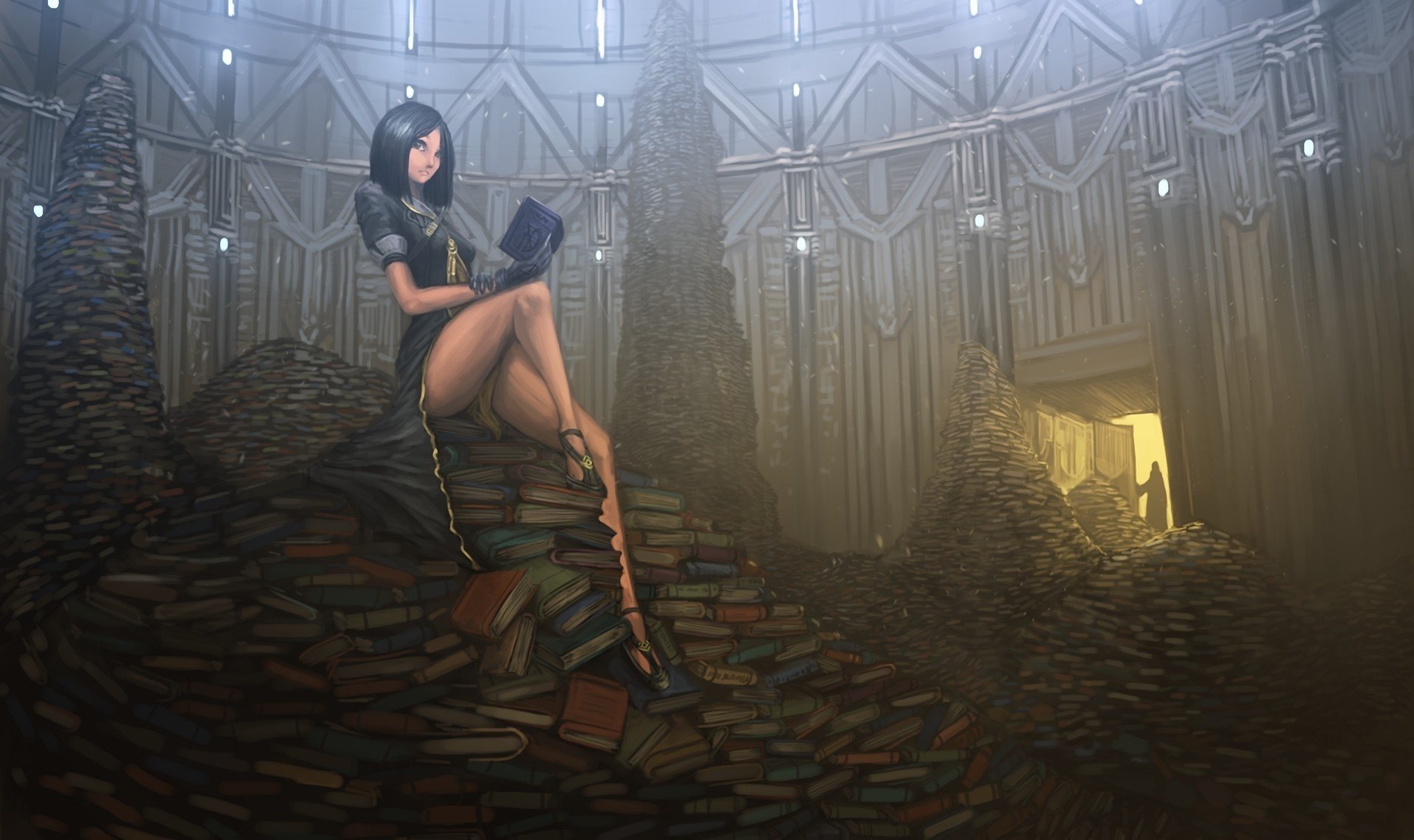 blocco arte porta ragazza biblioteca libri mucchio