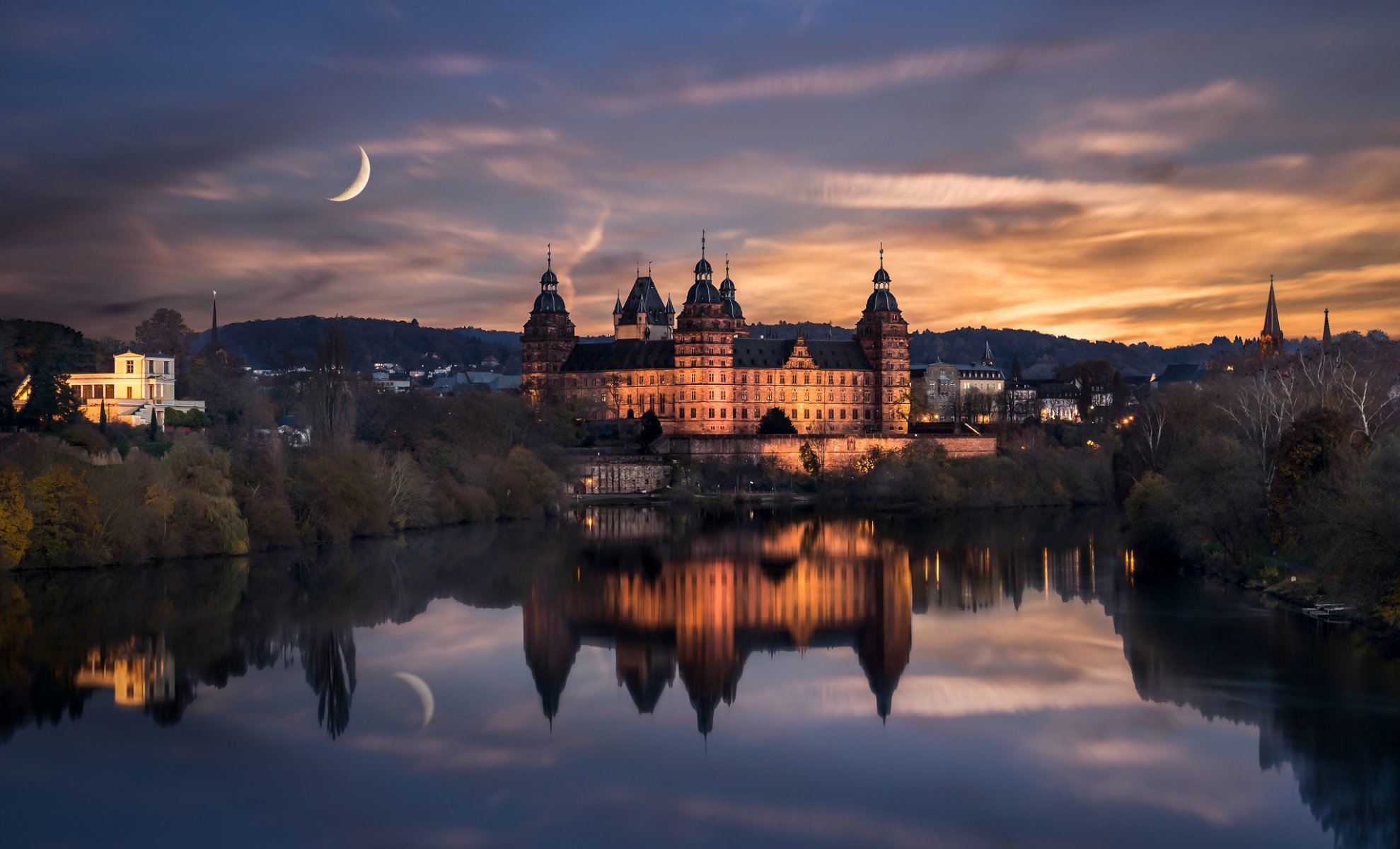 germania città aschaffenburg rinascimento castello yogannesburg notte luna acqua riflessioni