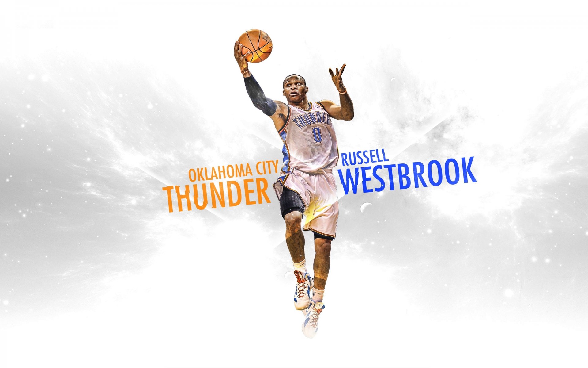 westbrook tuono nba oklahoma city basket oklahoma figura uniforme bianco sfondo slam dunk in bilico
