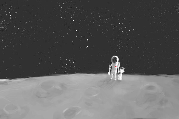 Astronauta con gatto che esplora la luna