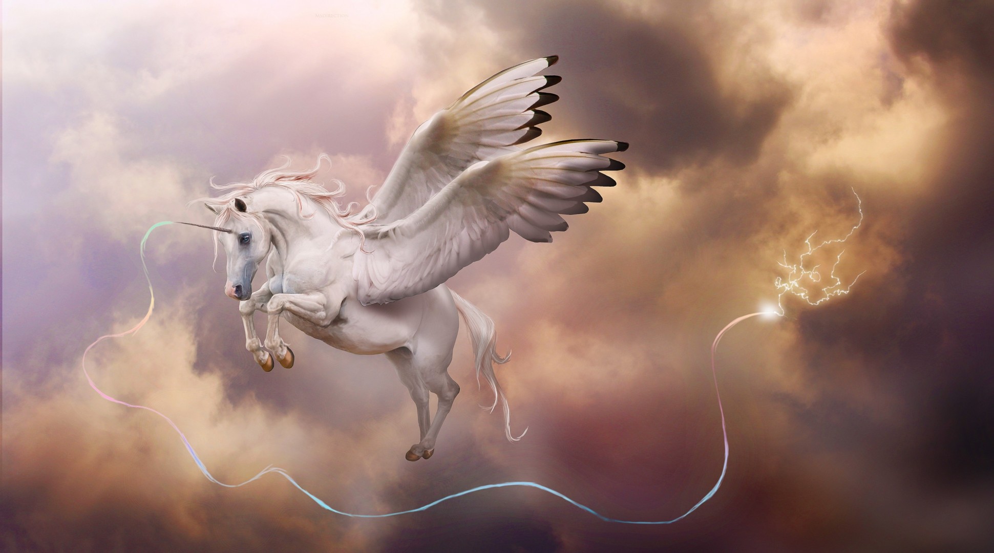 temporale nel cielo pegaso arte nuvole magia ali unicorno corno fulmine