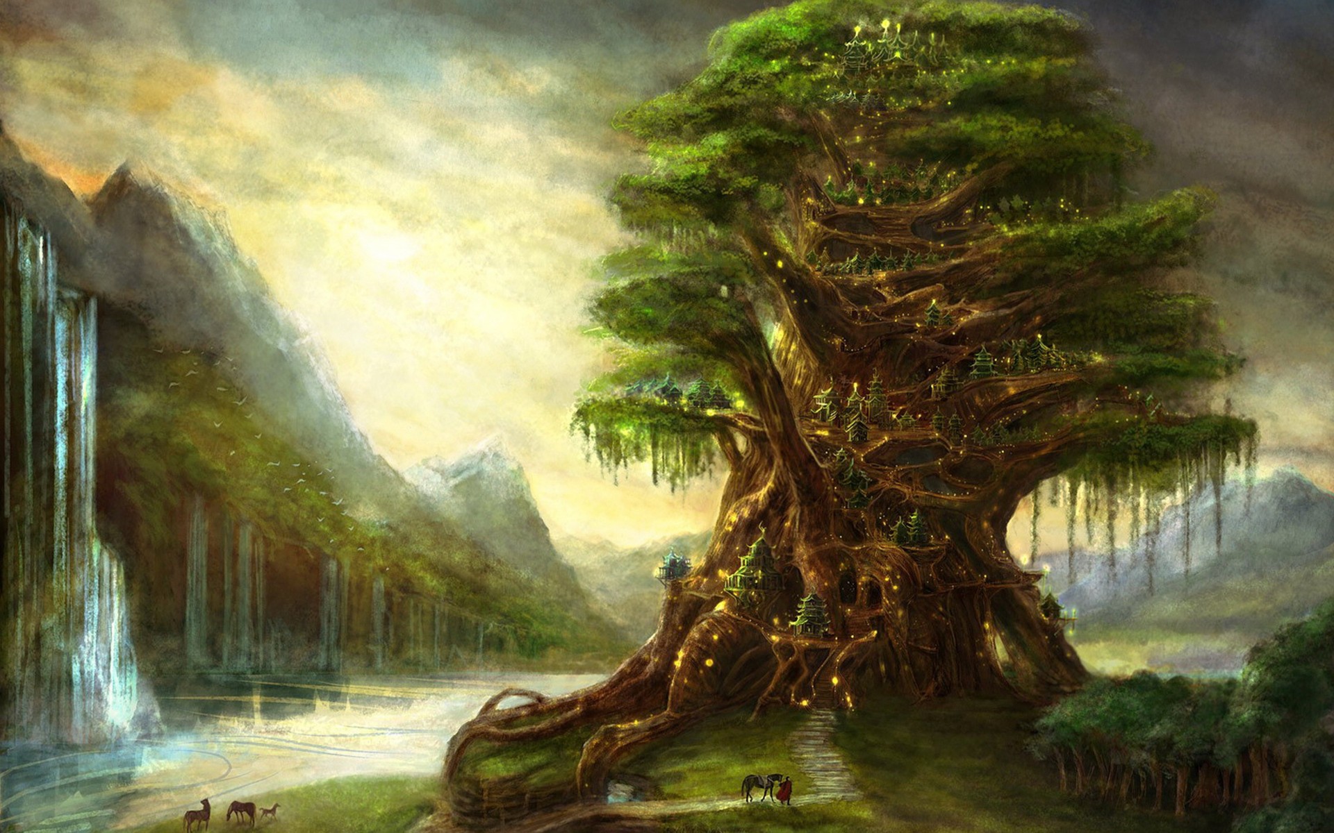 elfi magia disegno cascata albero