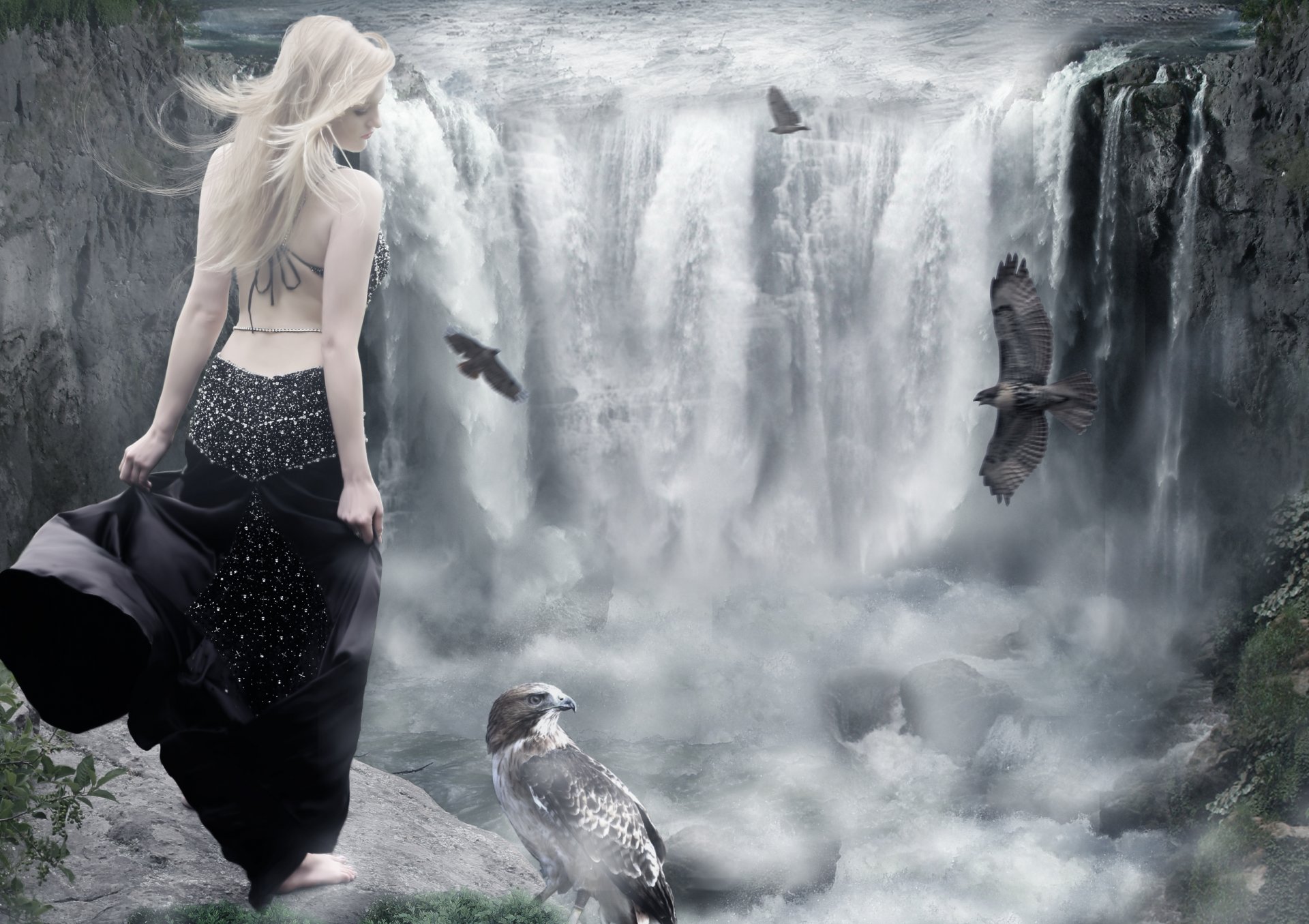 ragazza schiena vestito bionda profilo uccelli acqua cascata