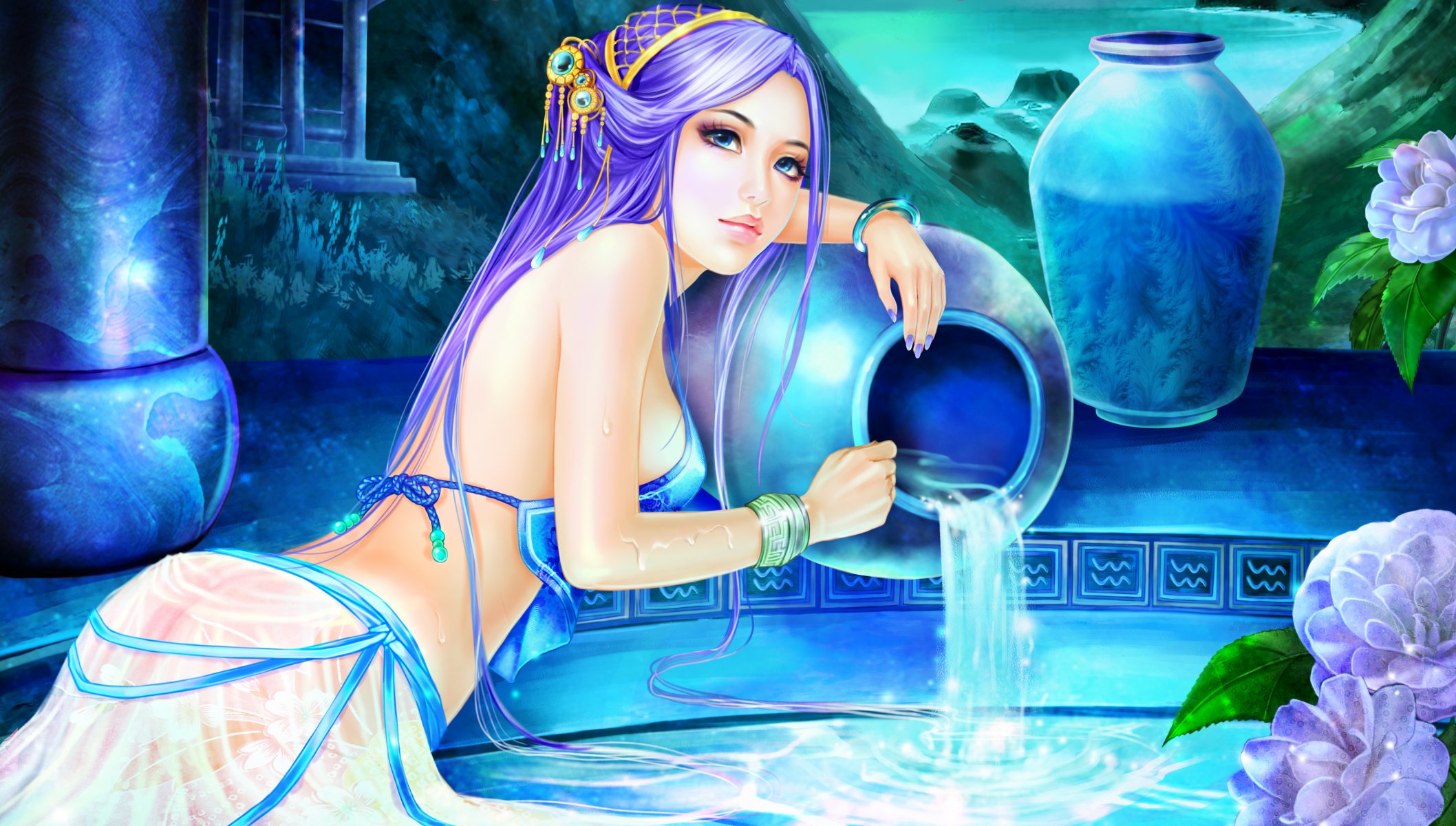 arte ragazza sguardo viso capelli mani acqua segno zodiacale acquario