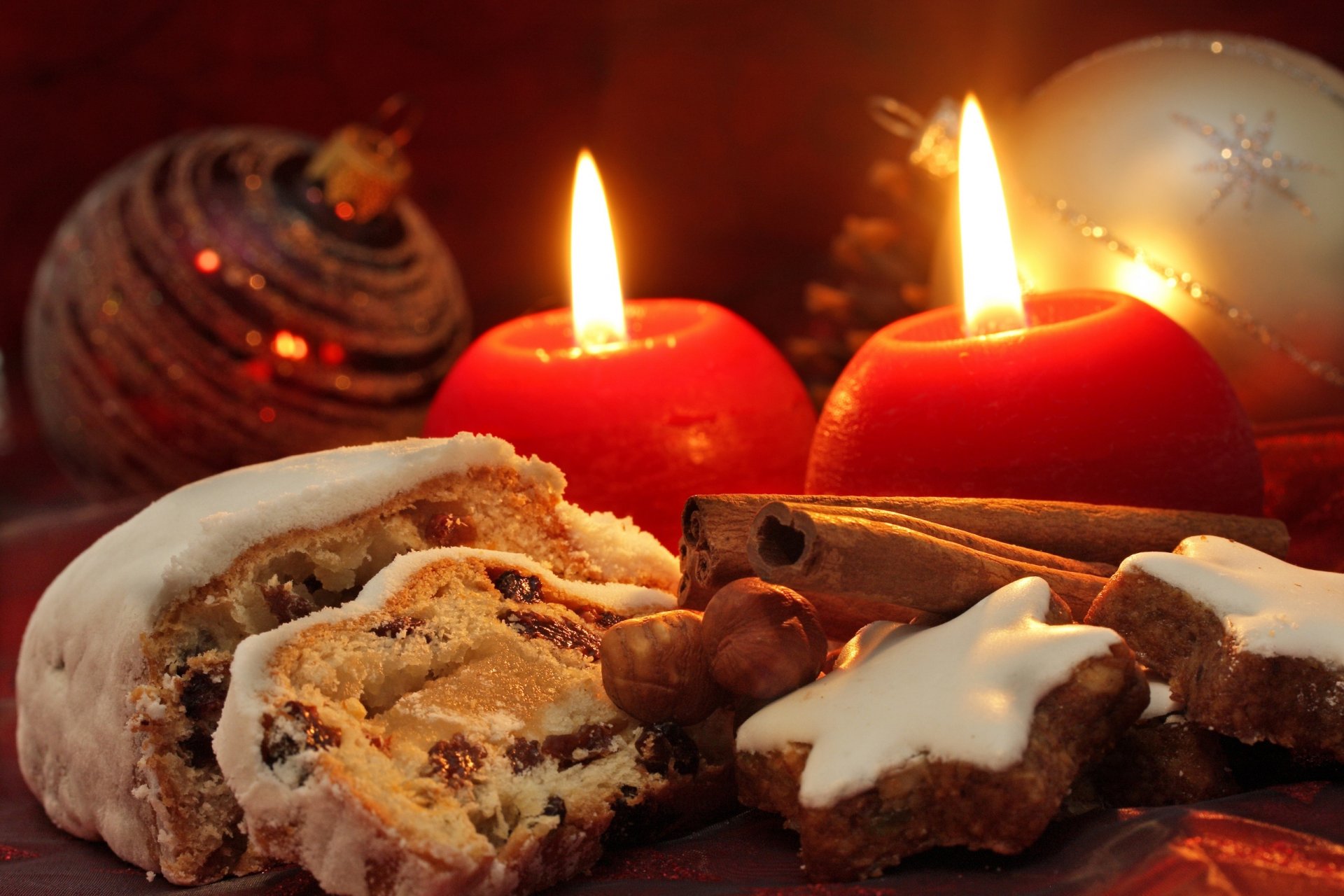 nuovo anno felice anno nuovo vacanza carta da parati di natale colori di natale decorazione di natale carta da parati di vacanza scenario cibo biscotti dolci cannella noci candele