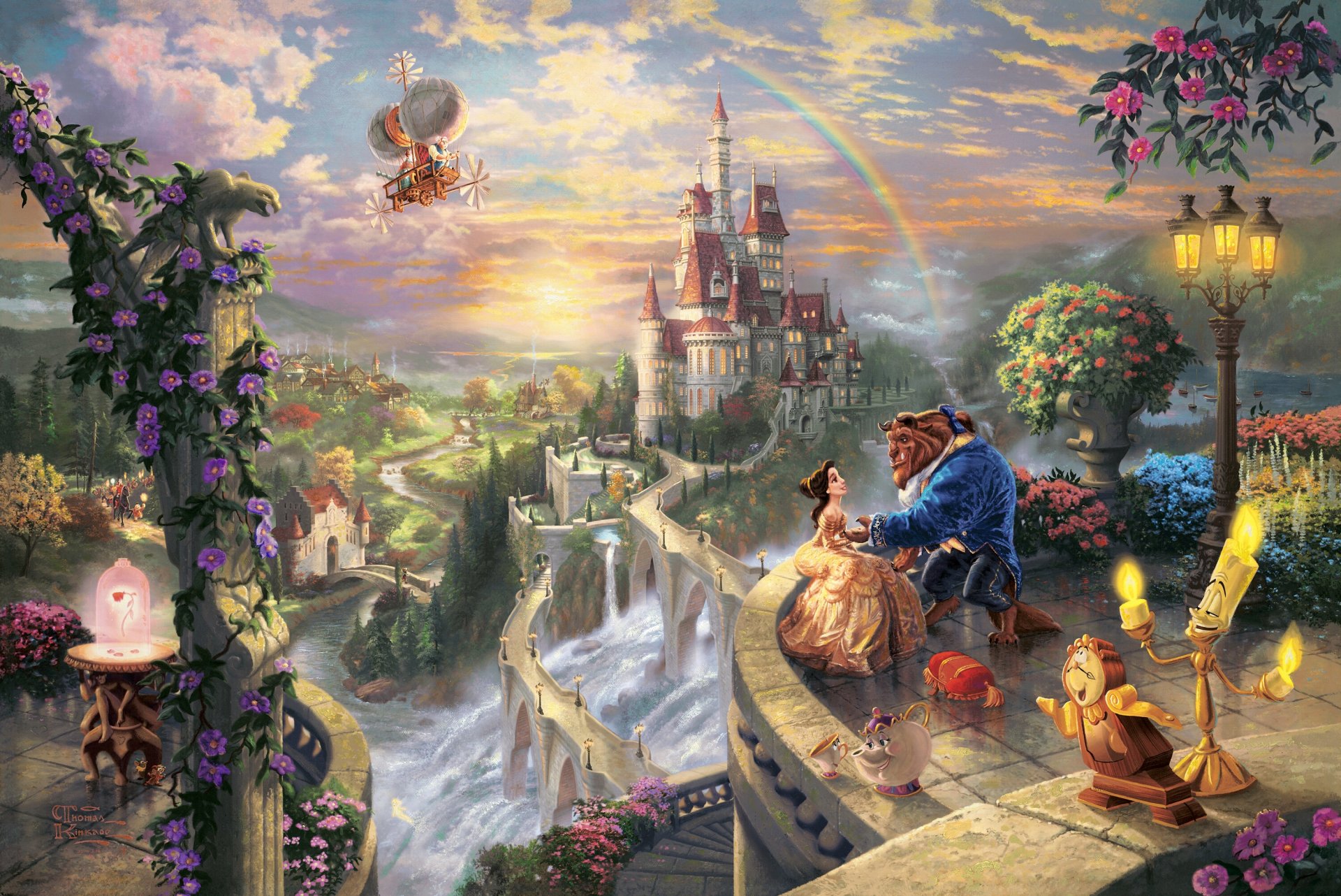 thomas kincaid la bella e la bestia innamorarsi disney dream collection 50 ° compleanno belle principe arte castello tramonto arcobaleno fiaba fantasia storia d amore cresciuto la bella e la bestia belle principe disney arte amore coppia balcone lumiere