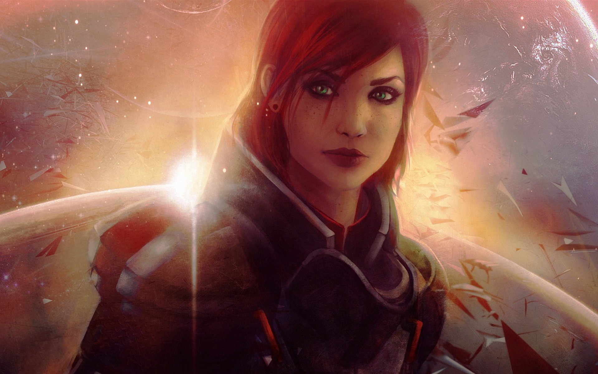 mass effect jane shepard ragazza rossa occhi verdi pianeta stelle armatura n7 frammenti