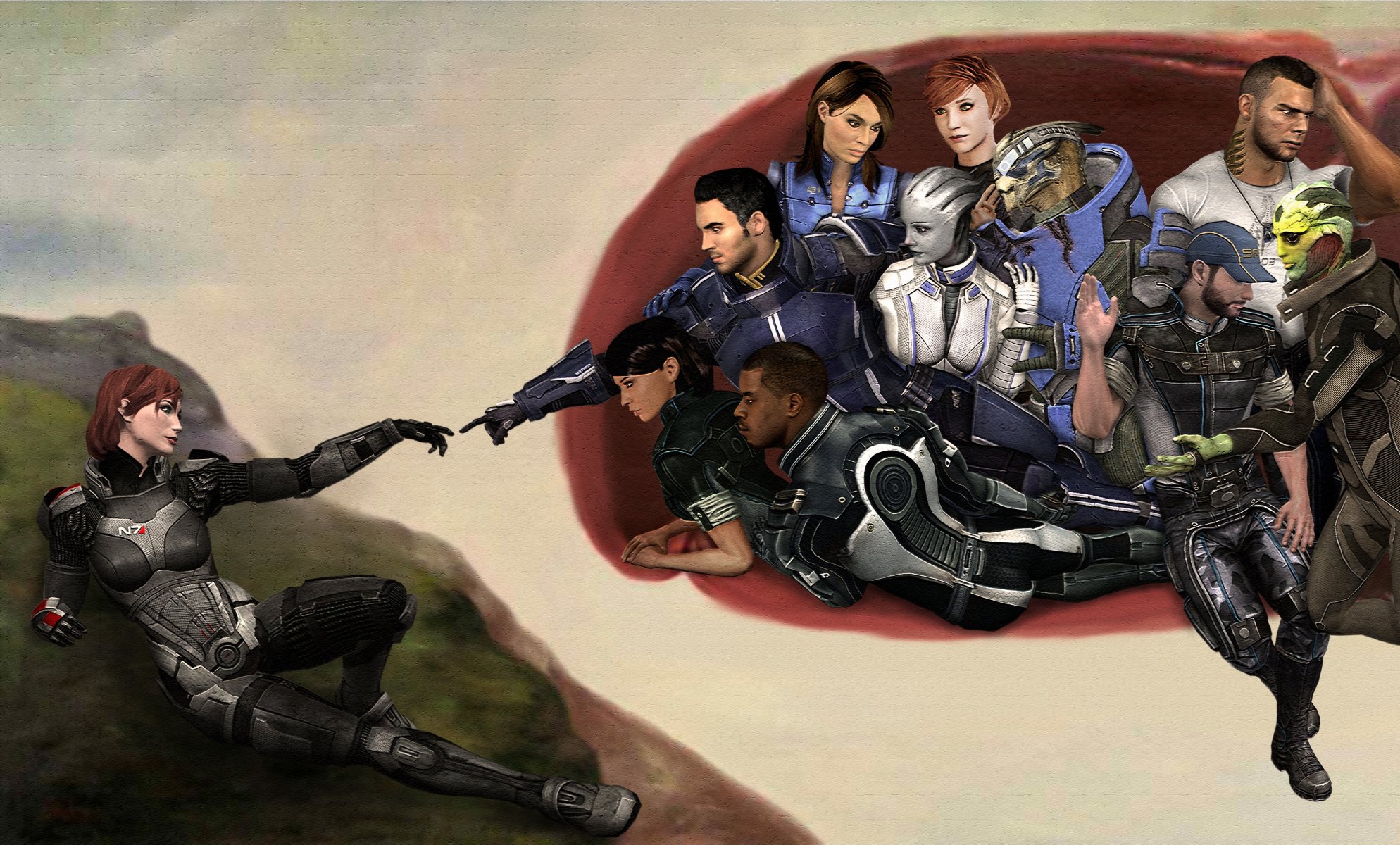 arte mass effect fan art shepard squadra murale mani creazione di adamo garrus tan james jacob kelly ashley kayden jane shepard burlone liara