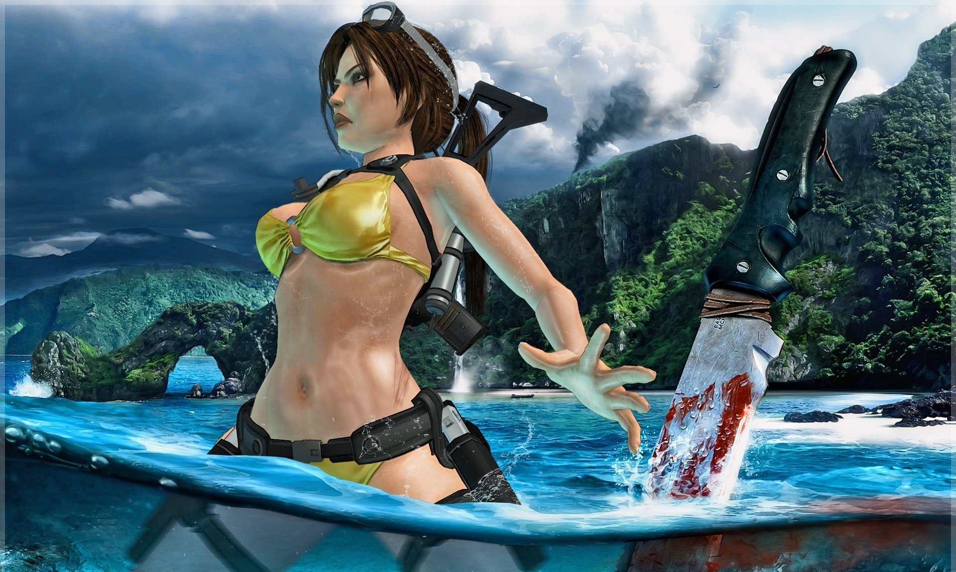 tomb raider lara croft far cry 3 acqua coltello sangue posa costume da bagno arma isola
