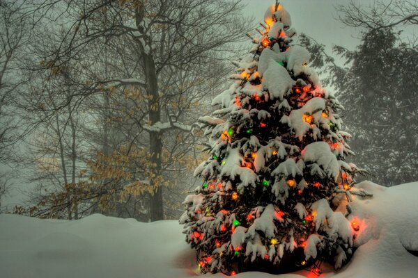 Un albero di Natale in ghirlande sta nella foresta