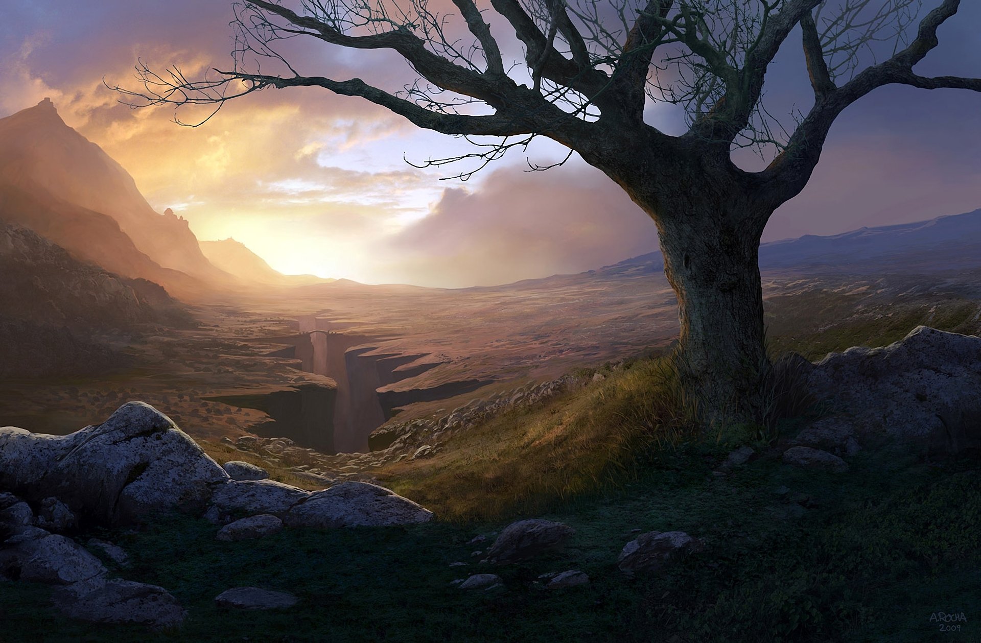 arte andreas rocha albero canyon gola rocce pietre montagne ponte