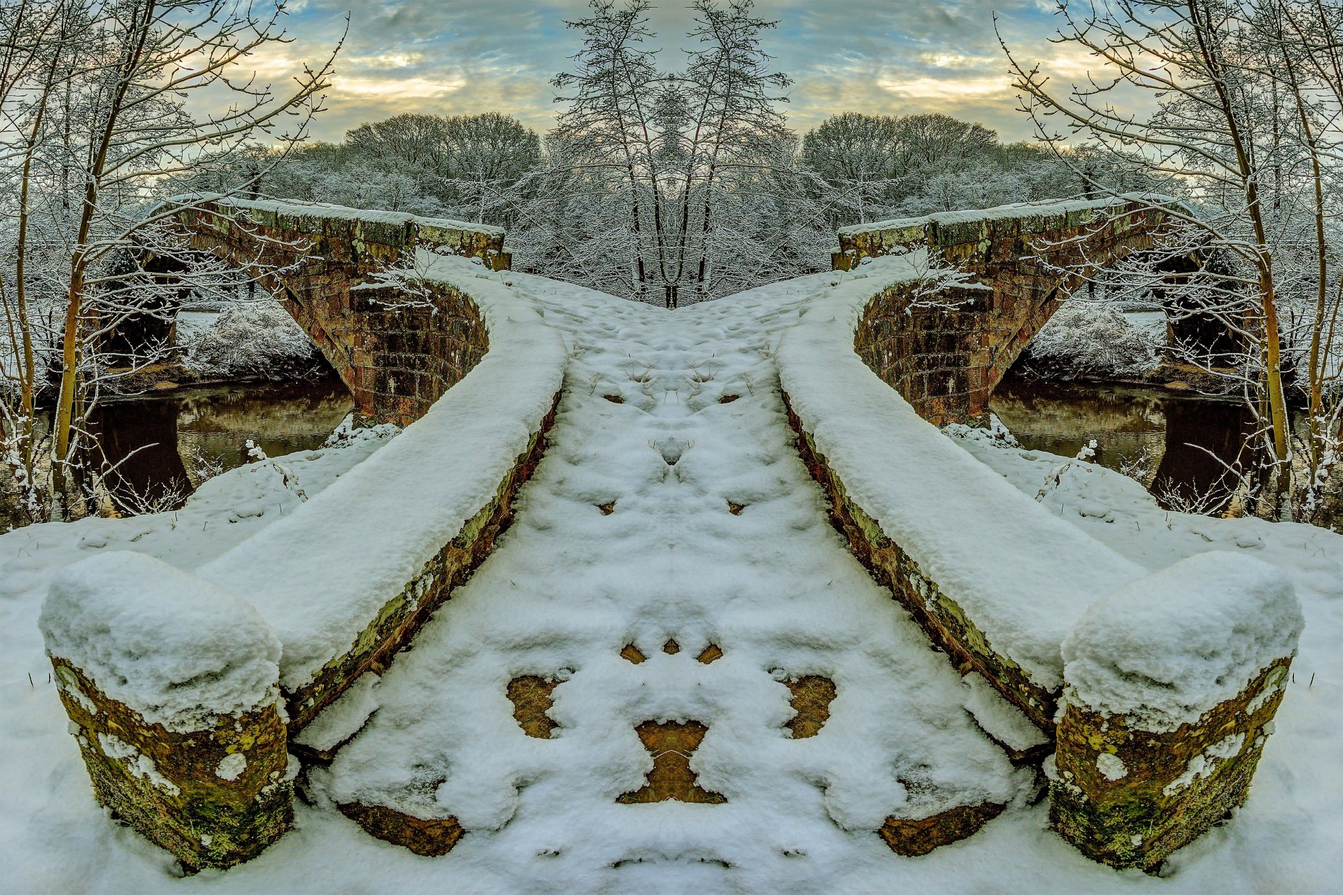 inverno fiume ponte di pietra neve alberi gelo cielo